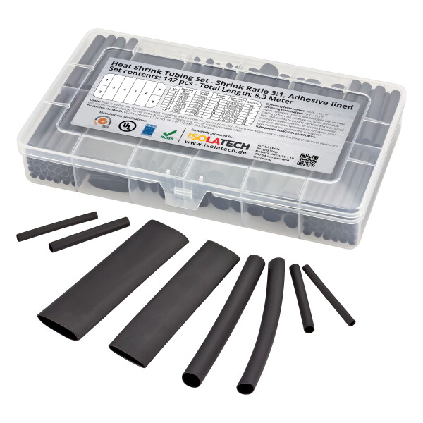 142-tlg. Schrumpfschlauch Set Box Schwarz 3:1 mit Kleber