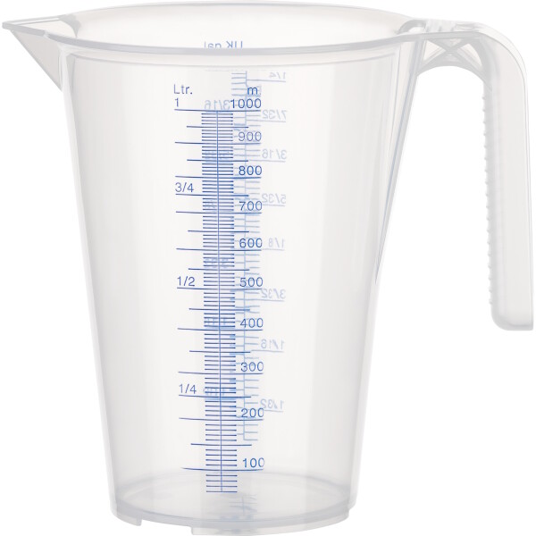 Polypropylen Messkannen mit unterschiedlichen Füllmengen und Griffen.