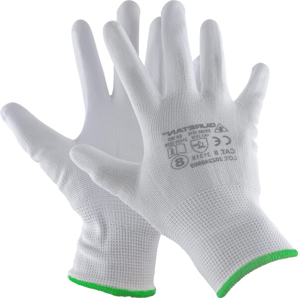 Polyester Arbeitshandschuhe in verschiedenen Farben und Größen.
