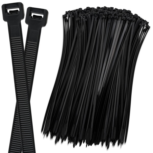 Schwarze Kabelbinder aus Nylon in verschiedenen Mengen und Größen.