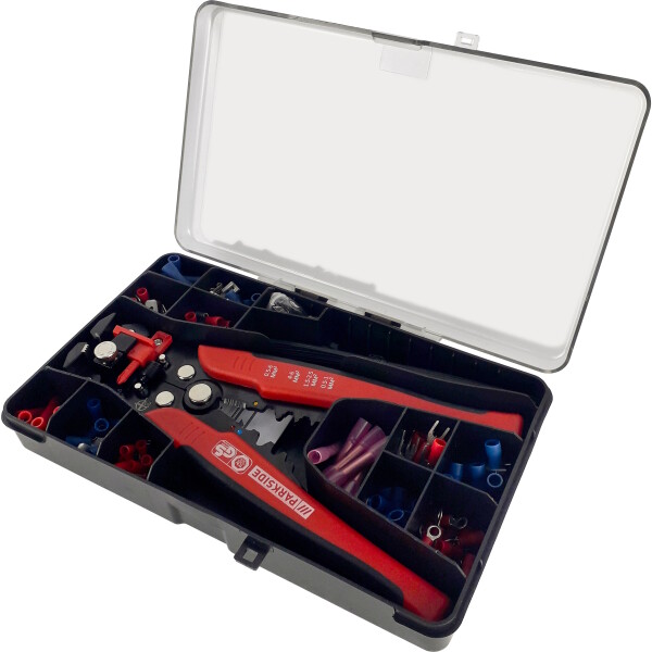 Crimpzangen Set inklusive Kabelschuhe, Flachsteckhülsen, Flachstecker, Stoßverbinder, Aderendhülsen, Kabelbinder und Drähte.