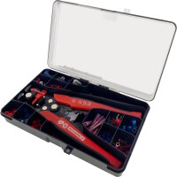 Crimpzangen Set inklusive Kabelschuhe, Flachsteckhülsen, Flachstecker, Stoßverbinder, Aderendhülsen, Kabelbinder und Drähte.