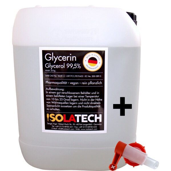 Glycerin 99,5% geprüft 99,98% rein  s. Zertifikat 20L-Kanister mit Ausgießhahn SABEU FLUXX AH23/61 HF(Inhalt 25kg)