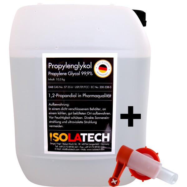 Propylenglykol 99,9% Pharmaqualität 1,2 Propandiol 10L-Kanister mitv Ausgießhahn (Inhalt 10kg)