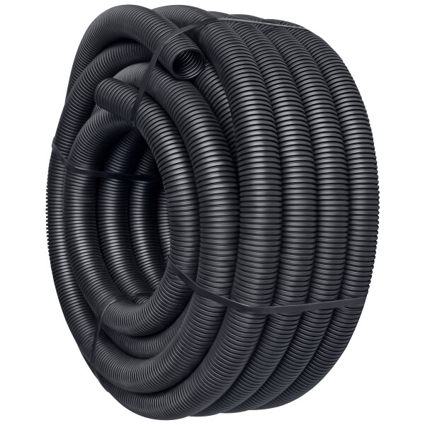 Schwarze, ungeschlitzte Wellrohre in verschiedenen Durchmessern und Längen.