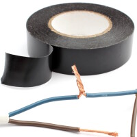 Foto einer Reparaturbandrolle neben einem kaputten Kabel.