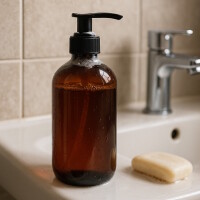 Foto einer leeren Flasche auf einer Badewannenkante.