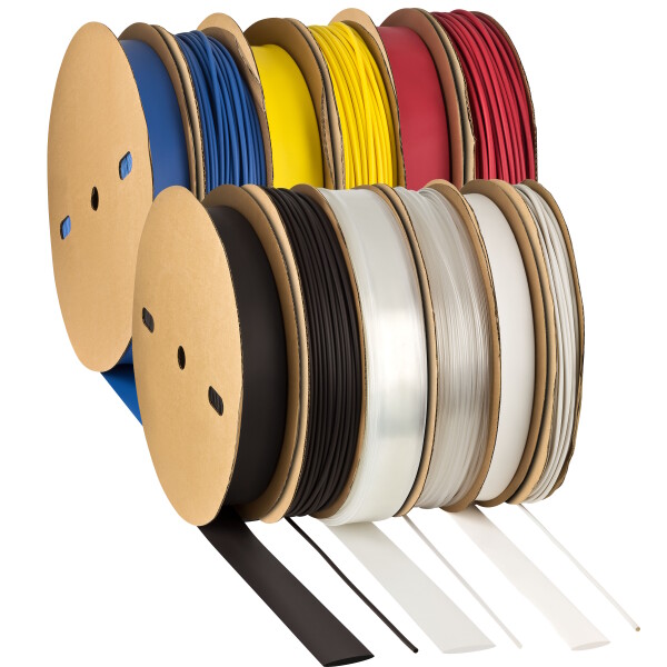 Schrumpfschläuche mit Innenkleber und einem Schrumpfverhältnis von 3:1 in den Farben Blau, Gelb, Rot, Schwarz, Transparent und Weiß.